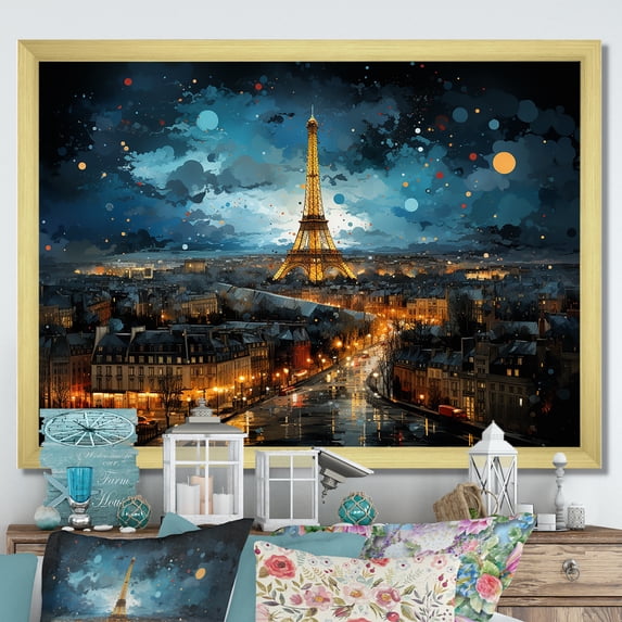 Designart "Night Views of the Eiffel Tower in Paris" Cityscapes Framed Wall Art Decor - Industrial Yellow Paris Entryway Framed Wall Art