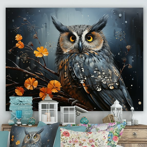 Designart "Nightfall Among The Silent Forest Owls" Animals Owl Wall Art Living Room