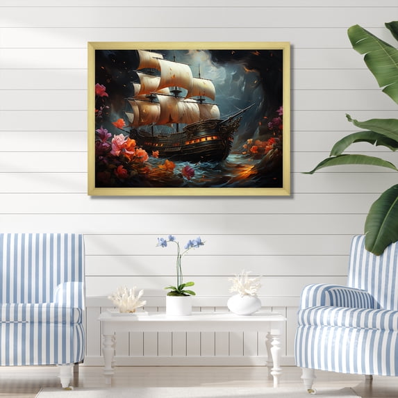Designart "Nightly Voyage of the Pirate Ship II" People Framed Wall Art Decor - Modern Black Pirate Entryway Framed Wall Art