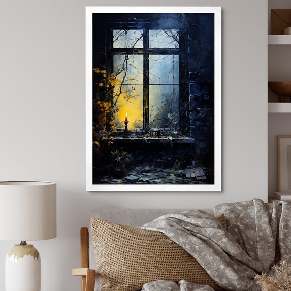 Designart "Nighttime Charm of Farmhouse Windows II" Farm Framed Wall Art - Country Blue Farm Windows Entryway Framed Wall Art Print