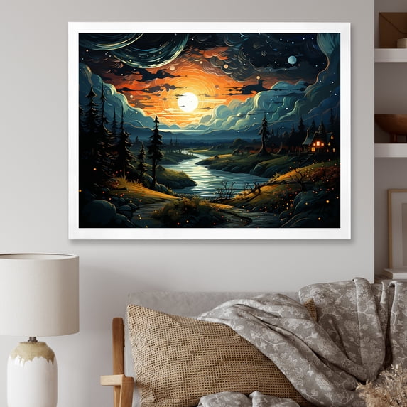 Designart "Nighttime Mountain Dreamscape I" Landscapes Framed Wall Art Decor - Traditional Yellow Winter Landscape Entryway Framed Wall Art Print