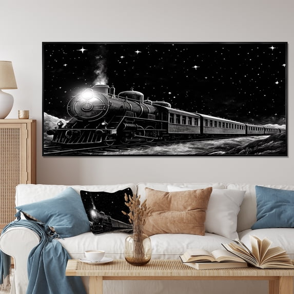 Designart "Nighttime Noir Black and White Train II" Oversized Performing Arts Framed Wall Art - Modern Farmhouse Black Transportation Train Bedroom Framed Canvas Wall Art