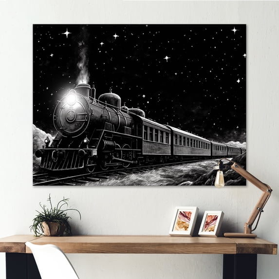Designart "Nighttime Noir Black and White Train II" Oversized Performing Arts Wall Art - Modern Farmhouse Black Transportation Train Hallway Wall Art Decor