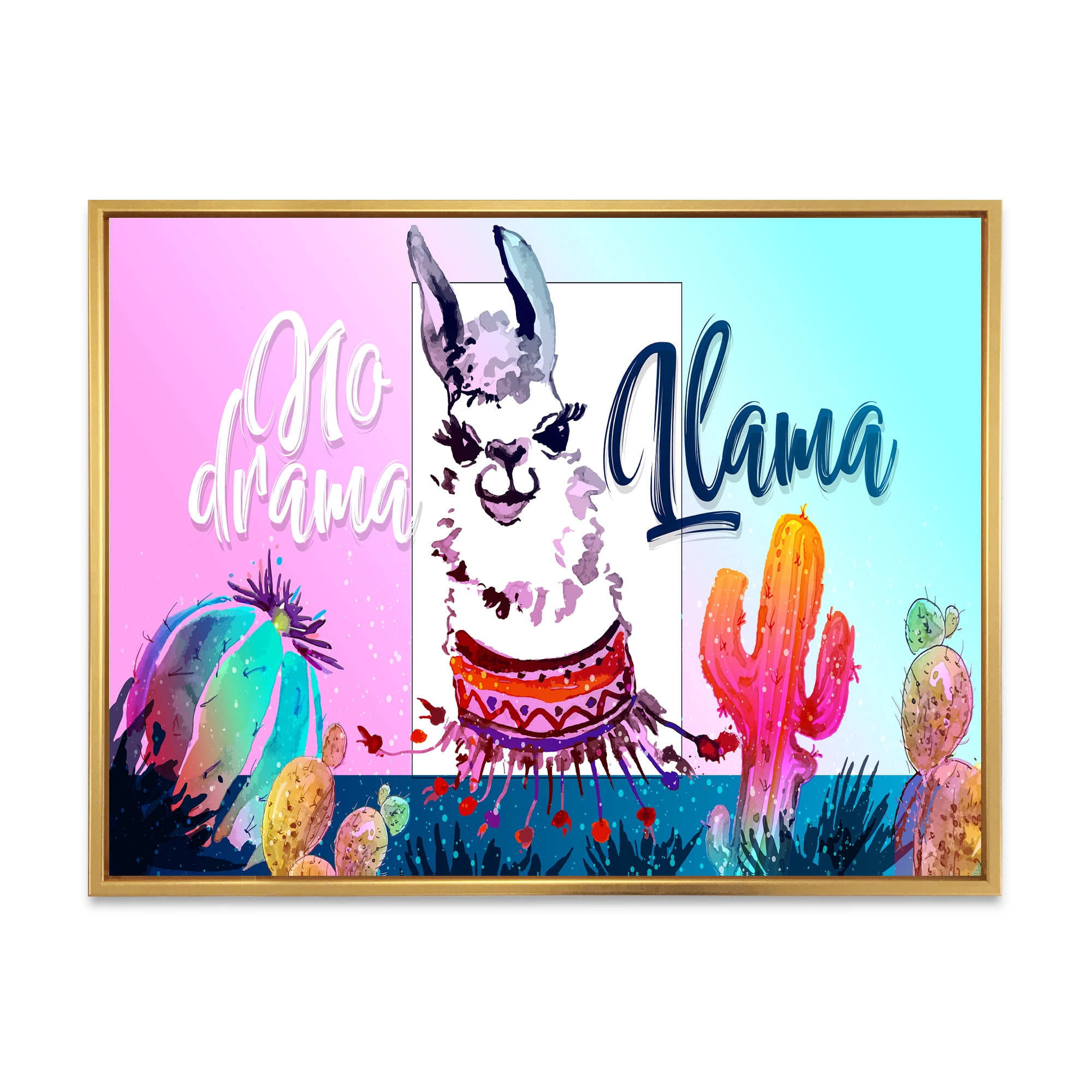 Designart 'No Drama and Colorful Llama' Children's Art Framed Canvas Wall Art Print