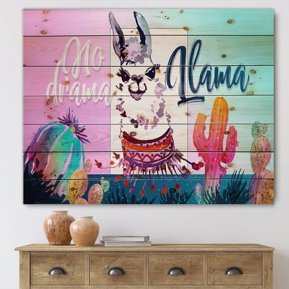 Designart 'No Drama and Colorful Llama' Children's Art Print on Natural Pine Wood
