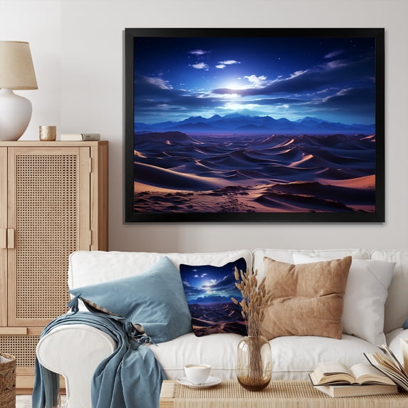 Designart "Nocturnal Beauty Blue Desert Dunes at Sunset" Astronomy & Space Framed Wall Art Decor - Modern Blue Space Landscapes Bedroom Framed Canvas Wall Art