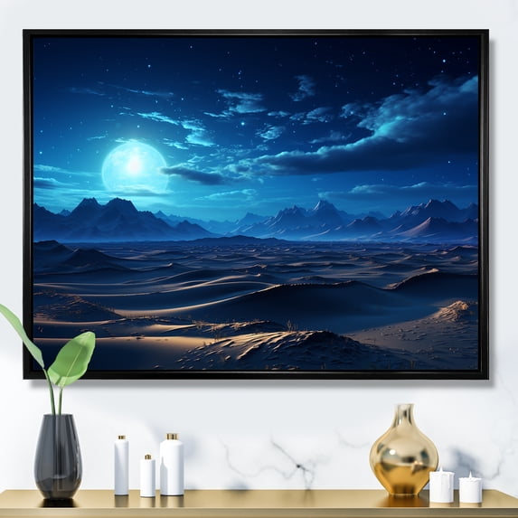 Designart "Nocturnal Serenity Blue Desert Dunes I" Landscapes Framed Wall Art - Global Blue Desert Living Room Framed Canvas Art
