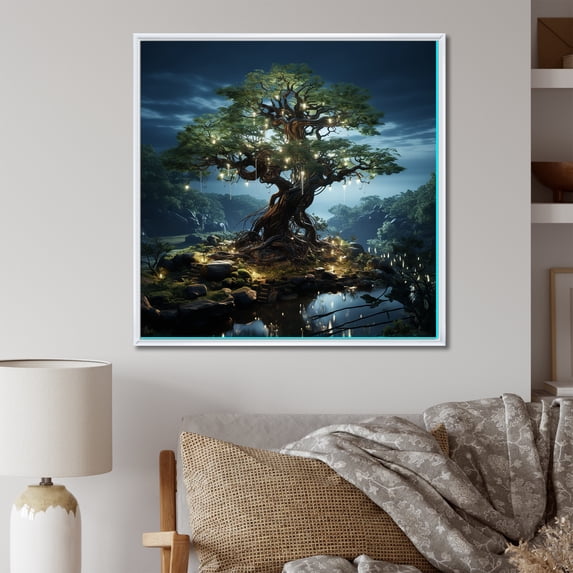 Designart "Nocturnal Tree In Surreal Twilight" Tree Redwood Floater Framed Canvas Wall Art