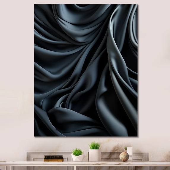 Designart "Noir Curves in Silk Fractal Patterns I" Geometric Canvas Wall Art - Modern Black Abstract Fractal Hallway Wall Art Decor