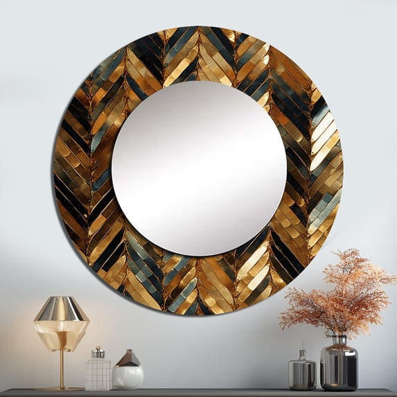 Designart "Noir Gold Chevron Fantasy" Abstract Rund Mirror For Wall Decor - Large Black Round Printed Mirror -Glam Round Living Room Mirror - 23" x 23"