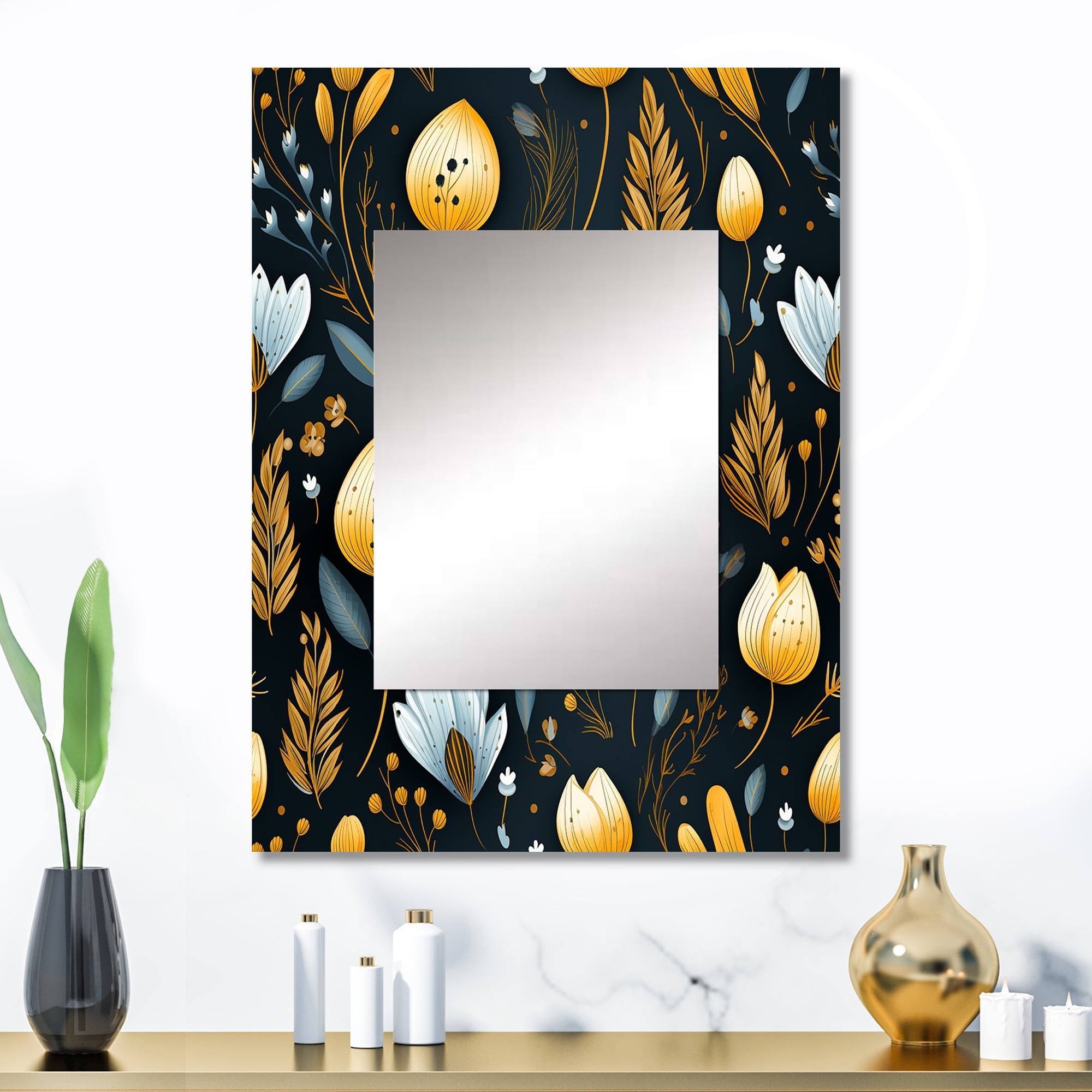 Designart "Noir Vintage Blossoms" Floral Wall Mirror, Printed Black