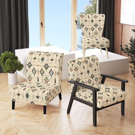 Designart "Nomadic Tribal Essence I" Beige Geometric Upholstered Accent Chair - Modern Arm Chair For Bedroom