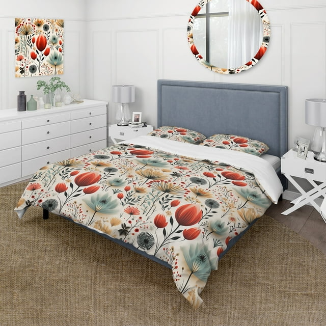 Designart "Nordic Simplicity In Red Florals" Floral Bedding Covert Set - Cottage Bed Set With 1 Sham
