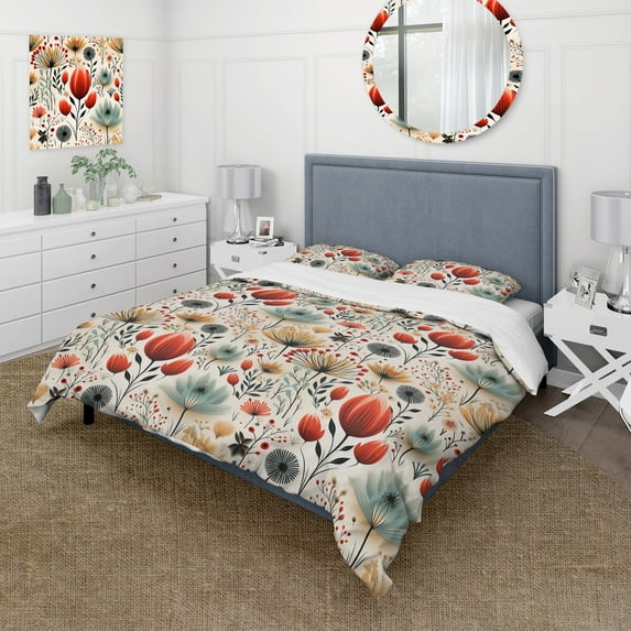 Designart "Nordic Simplicity In Red Florals" Floral Bedding Covert Set - Cottage Bed Set With 1 Sham