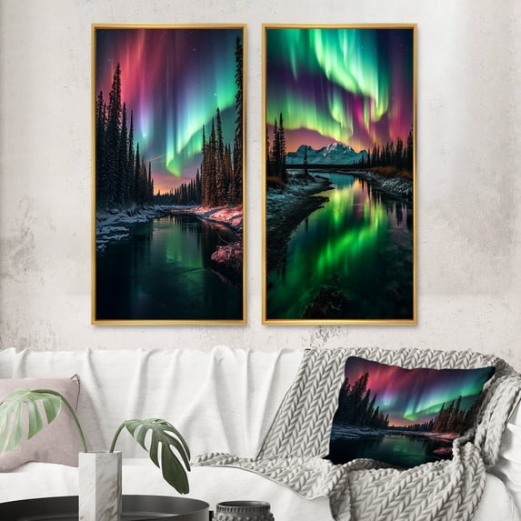 Designart "Northern Lights Beauty in Yukon IV" Canada Framed Wall Art Set Of 2 - Green Landscapes Gallery Wall Frame Set For Home Decor