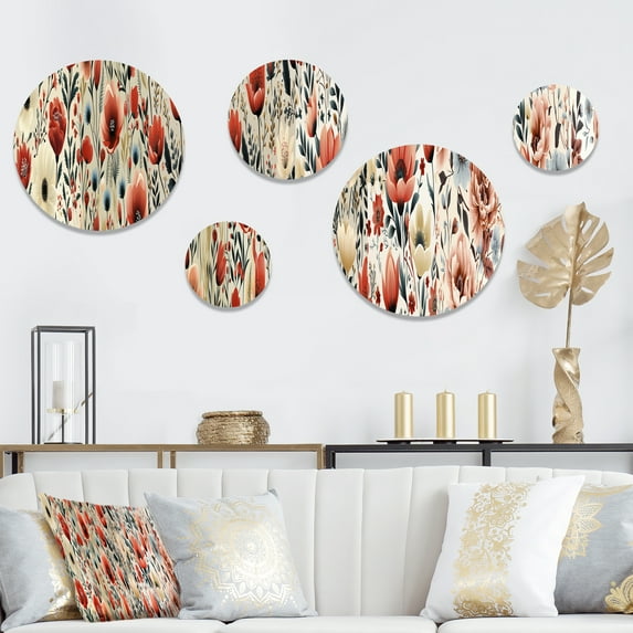 Designart "Nostalgic Florals In Red And Beige" Floral Round Wall Art Set Of 5 - Red Cottage Living Room Wall Metal Art Set