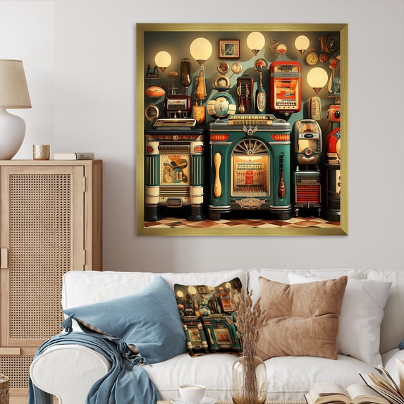 Designart "Nostalgic Jukebox Tunes Timeless Melodies III" Fashion Framed Wall Art Decor - Modern Colorful Jukeboxes Bedroom Framed Canvas Wall Art