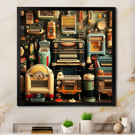 Designart "Nostalgic Jukebox Tunes Timeless Melodies V" Fashion Framed Wall Art Decor - Modern Colorful Jukeboxes Entryway Framed Wall Art
