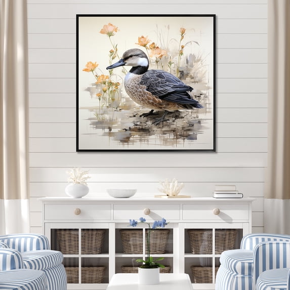 Designart "Nostalgic Scene of a Vintage Duck Pond" Animals Framed Wall Art - Traditional Black Duck Hallway Framed Wall Art Decor