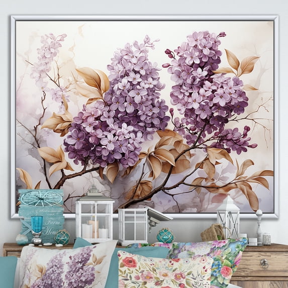 Designart "Nostalgic Sepia Lilacs I" Lilacs Floater Framed Canvas Wall Art