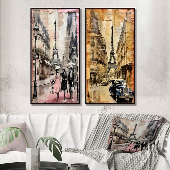Designart "Nostalgic Vintage Collage of Paris V" City Paris Framed Wall Art Set Of 2 - Traditional Pink Framed Canvas Set For Living Room Decor