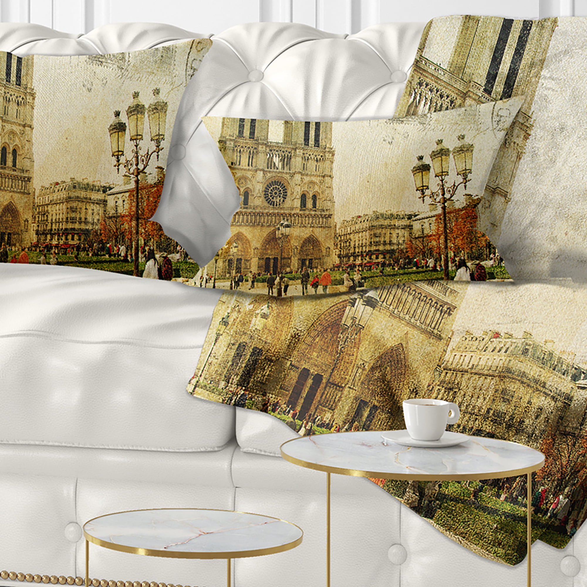 Designart Notre Dame Cathedral Vintage Card - Contemporary Throw Pillow - 12x20