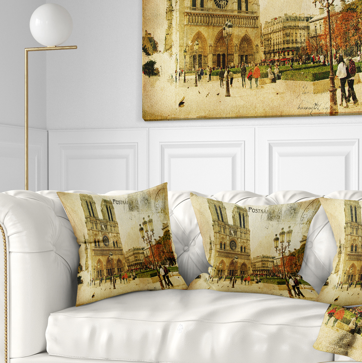 Designart Notre Dame Cathedral Vintage Card - Contemporary Throw Pillow - 16x16