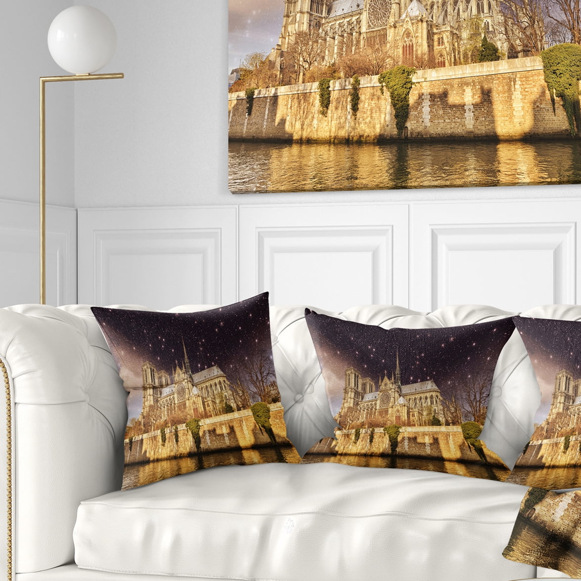 Designart Notre Dame Cathedral at Night - Cityscape Photo Throw Pillow - 18x18