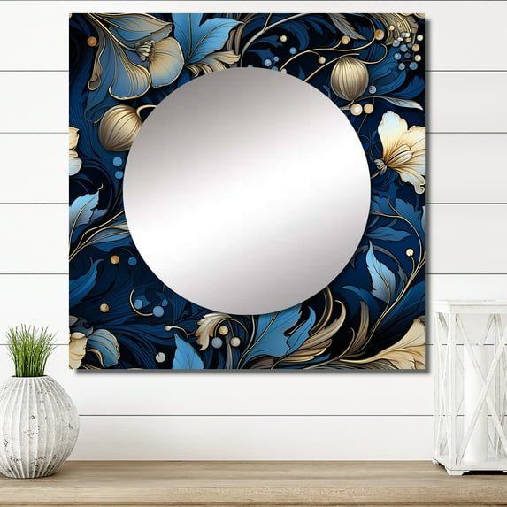 Designart "Nouveau Vines Of Cobalt Blue" floral Square Mirror For Wall Decor - Large Blue Square Printed Wall Mirror Art - Square Cottage Mirror - Wall Mounted Square Large Mirror