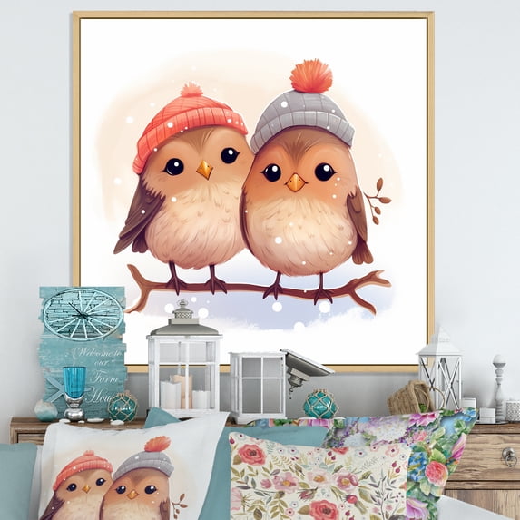 Designart "Nursery Bird Lovers Winter Delight II" Animals Framed Wall Art - Traditional Brown Bird Living Room Framed Canvas Art