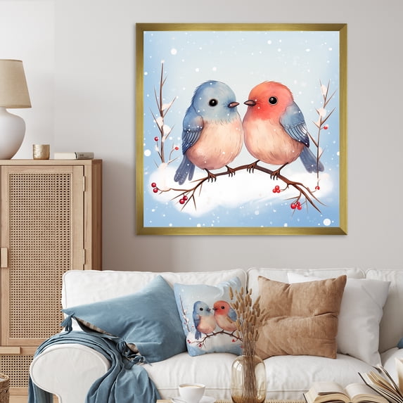 Designart "Nursery Bird Lovers Winter Delight III" Animals Framed Wall Art Decor - Modern Red Bird Bedroom Framed Canvas Wall Art
