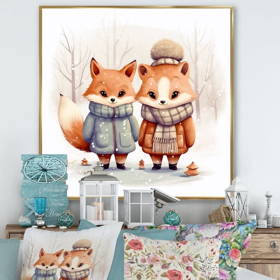 Designart "Nursery Cartoon Fox III" People Framed Wall Art - Traditional Blue Animal Nursery Entryway Framed Wall Art Print