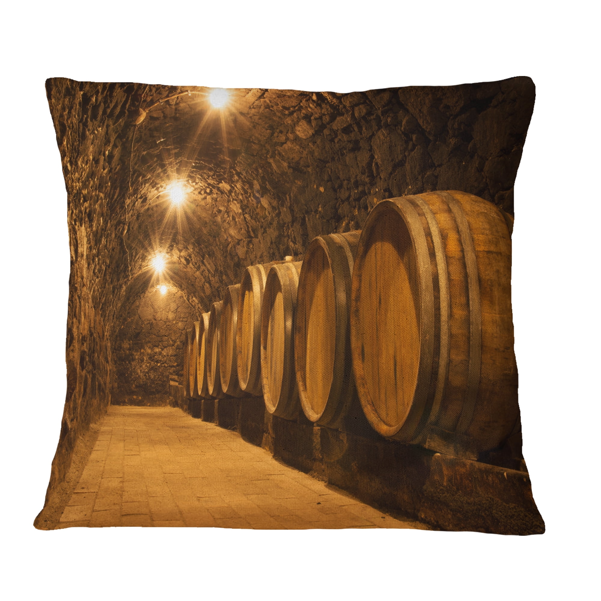 Designart Oak Barrels in the Tunnel - Landscape Printed Throw Pillow - 16x16