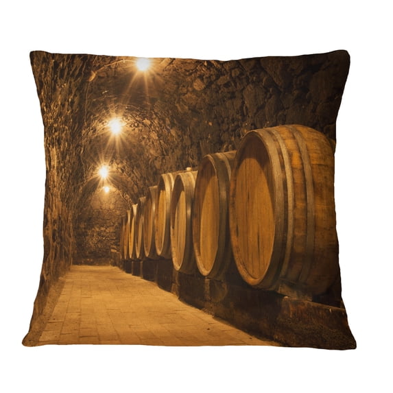 Designart Oak Barrels in the Tunnel - Landscape Printed Throw Pillow - 18x18