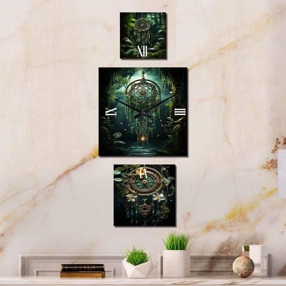 Designart "Oasis of Black and Green Dreamcatcher" Dream Catcher Oversized Wall Clock - Set Of 3 - Extra large Traditional Clock For Office Décor - Large Vertical Clock