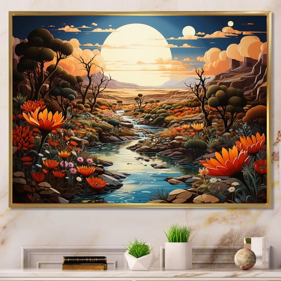 Designart "Oasis Blooms Native Desert Splendor II" Landscapes Framed Wall Art - Global Brown Desert Entryway Framed Wall Art Print