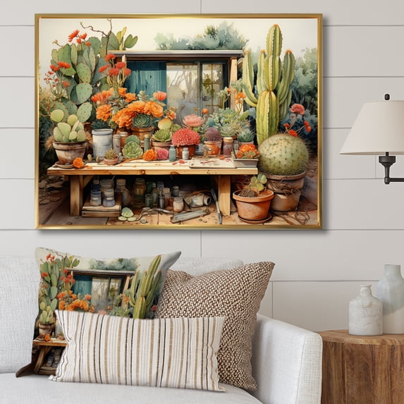 Designart "Oasis Impasto Mexico Cactus wall art III" Floral Floater Framed Wall Art Living Room