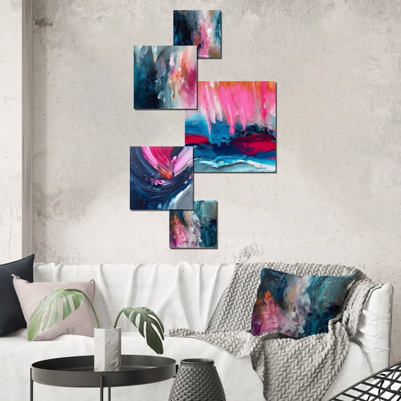 Designart "Oasis In Blue And Pink II" Abstract Painting Metal Wall Art Set