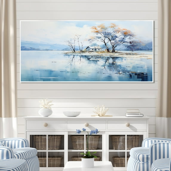 Designart "Oasis of Minimalism at Lakefront Cottage IV" Extra Large Landscapes Framed Wall Art - Coastal White Landscape Cottage Hallway Framed Wall Art Decor