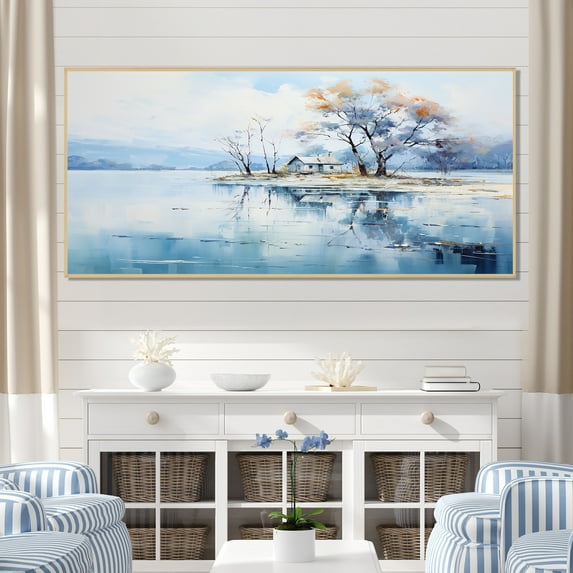 Designart "Oasis of Minimalism at Lakefront Cottage IV" Extra Large Landscapes Framed Wall Art - Coastal White Landscape Cottage Hallway Framed Wall Art Decor