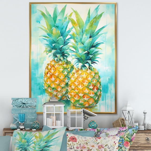 Designart "Oasis Of Exotic Pineapples III" Pineapples Floater Framed Wall Art Living Room