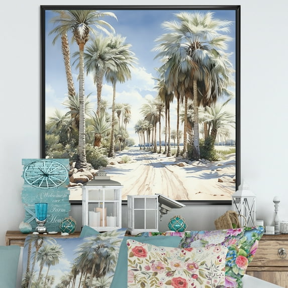 Designart "Oasis Of Pearl Desert Palms" Palms & Palm Trees Floater Framed Canvas Wall Art