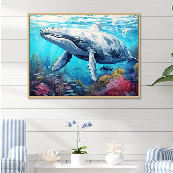 Designart "Oasis Of Whale Tranquility" Coastal Coral Under Water Floater Framed Wall Art Prints