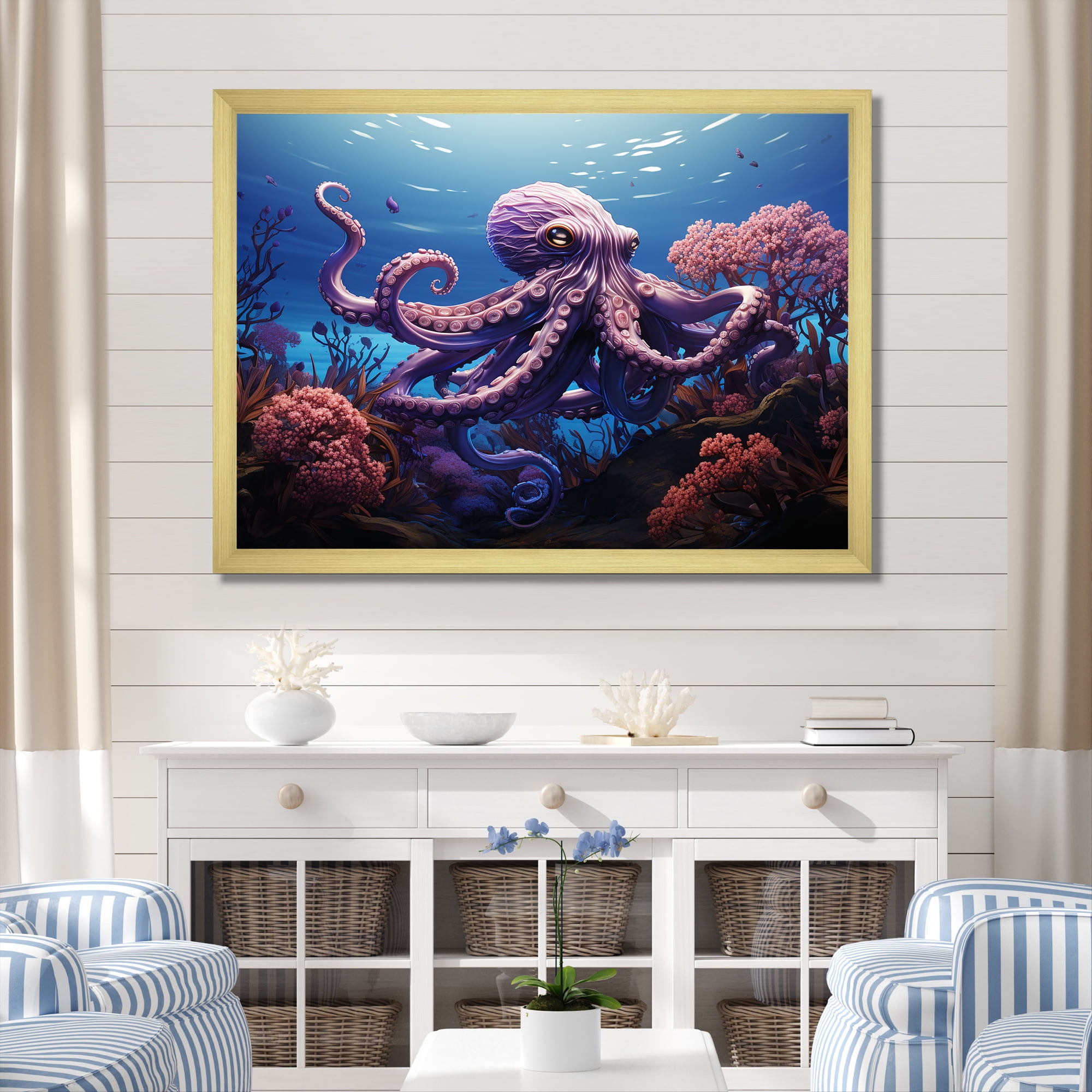 Designart "Oasis of Purple Octopus I" Animals Framed Wall Art Decor