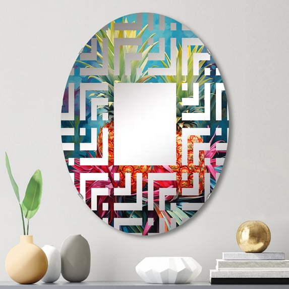 Designart "Oasis of Tropical Pineapples" Pineapples Maze Round Wall Mirror - Food & Beverage Oval Printed Decorative Mirror - Multiple Color Options