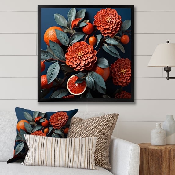 Designart "Oasis of Zinnias Blooms in Orange" Floral Framed Wall Art Decor - Traditional Orange Zinnias Hallway Framed Wall Art Decor