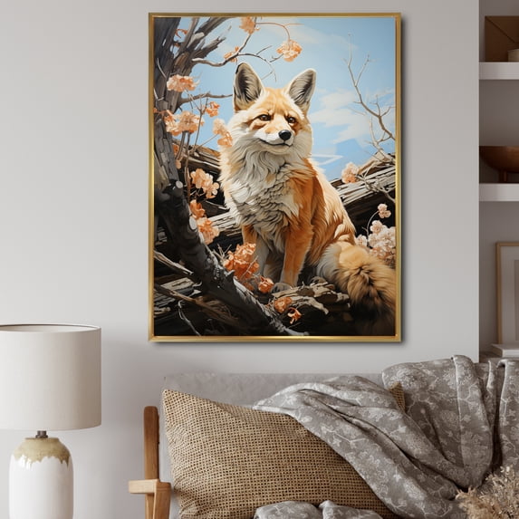 Designart "Observer Pastoral Fox Wilderness wall art II" Animals Floater Framed Wall Art Print