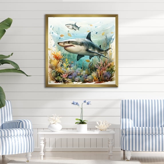 Designart "Ocean Blooms with Curious Shark III" Animals Framed Wall Art Decor - Modern Blue Shark Entryway Framed Wall Art Print