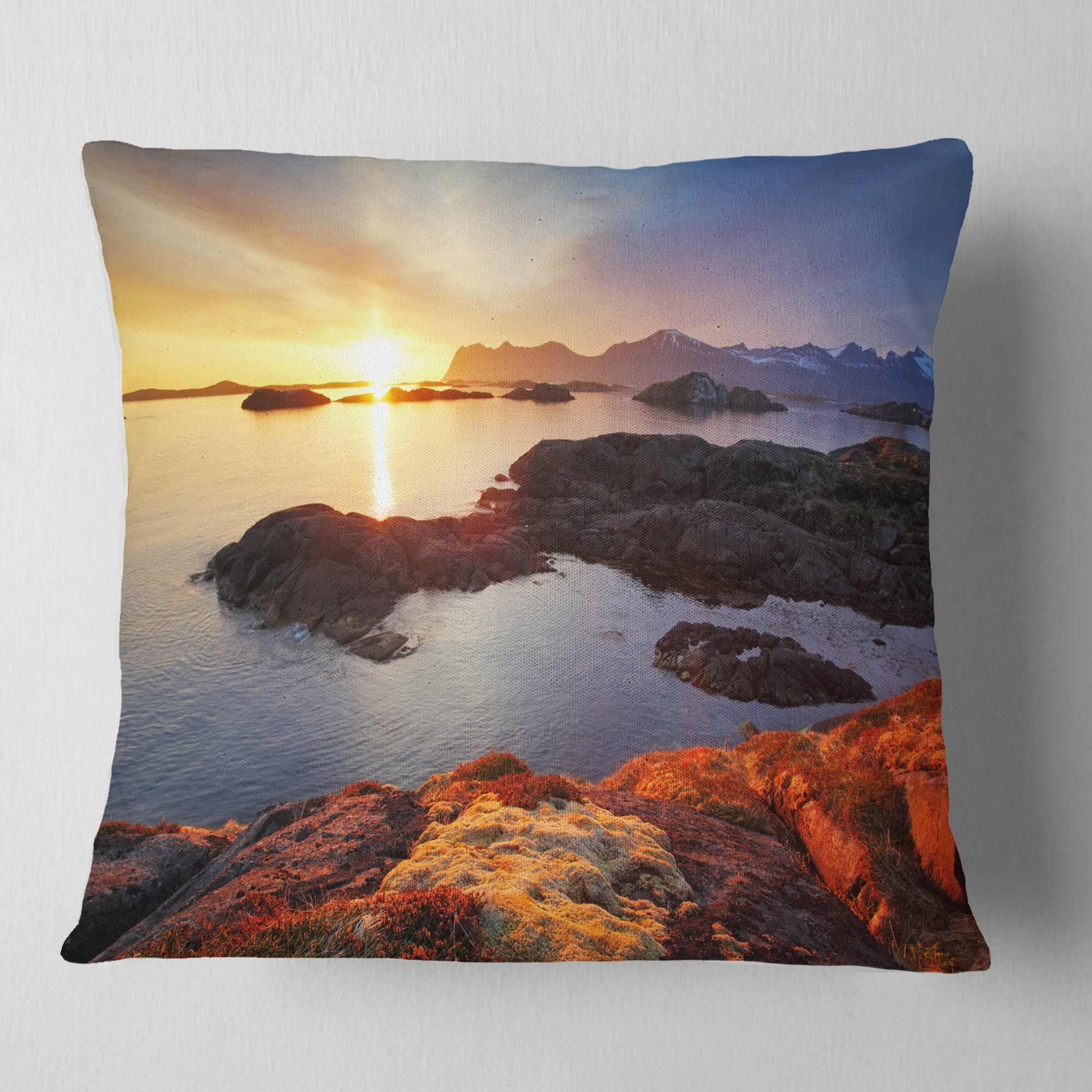 Designart Ocean Coast Nice Sunset in Norway - Seashore Throw Pillow - 18x18