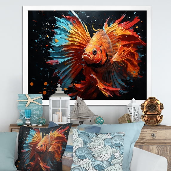 Designart "Ocean Dance of Orange Butterfly Fish II" Animals Framed Wall Art Decor - Modern Orange Butterfly Fish Hallway Framed Wall Art Decor
